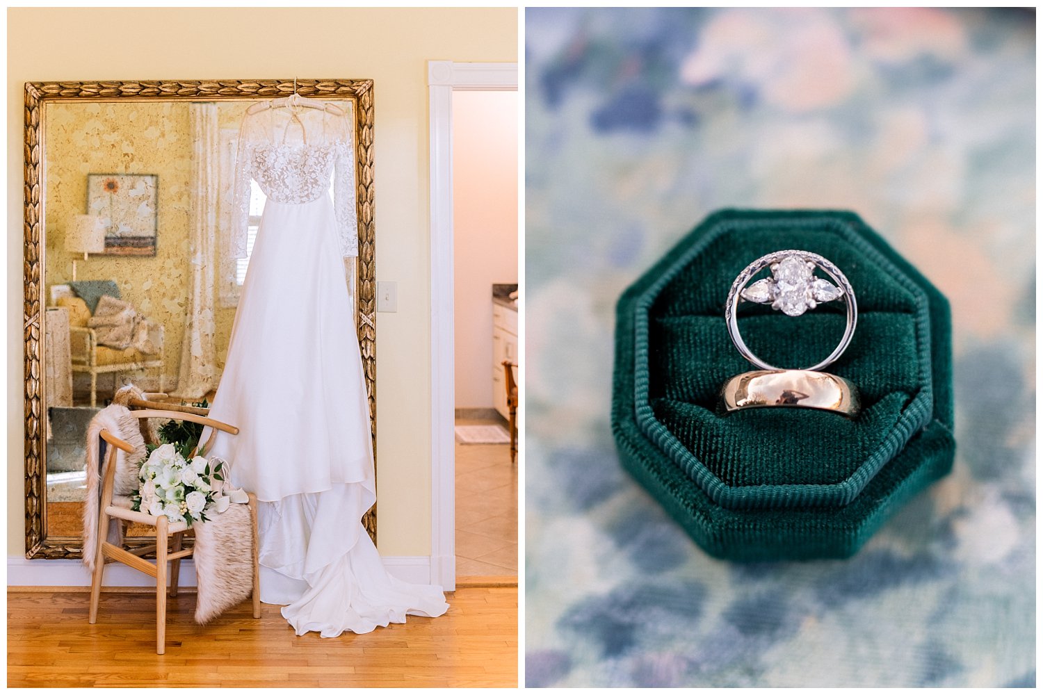 Wedding dress and wedding rings at Early Mountain Vineyard in Charlottesville, Virginia
