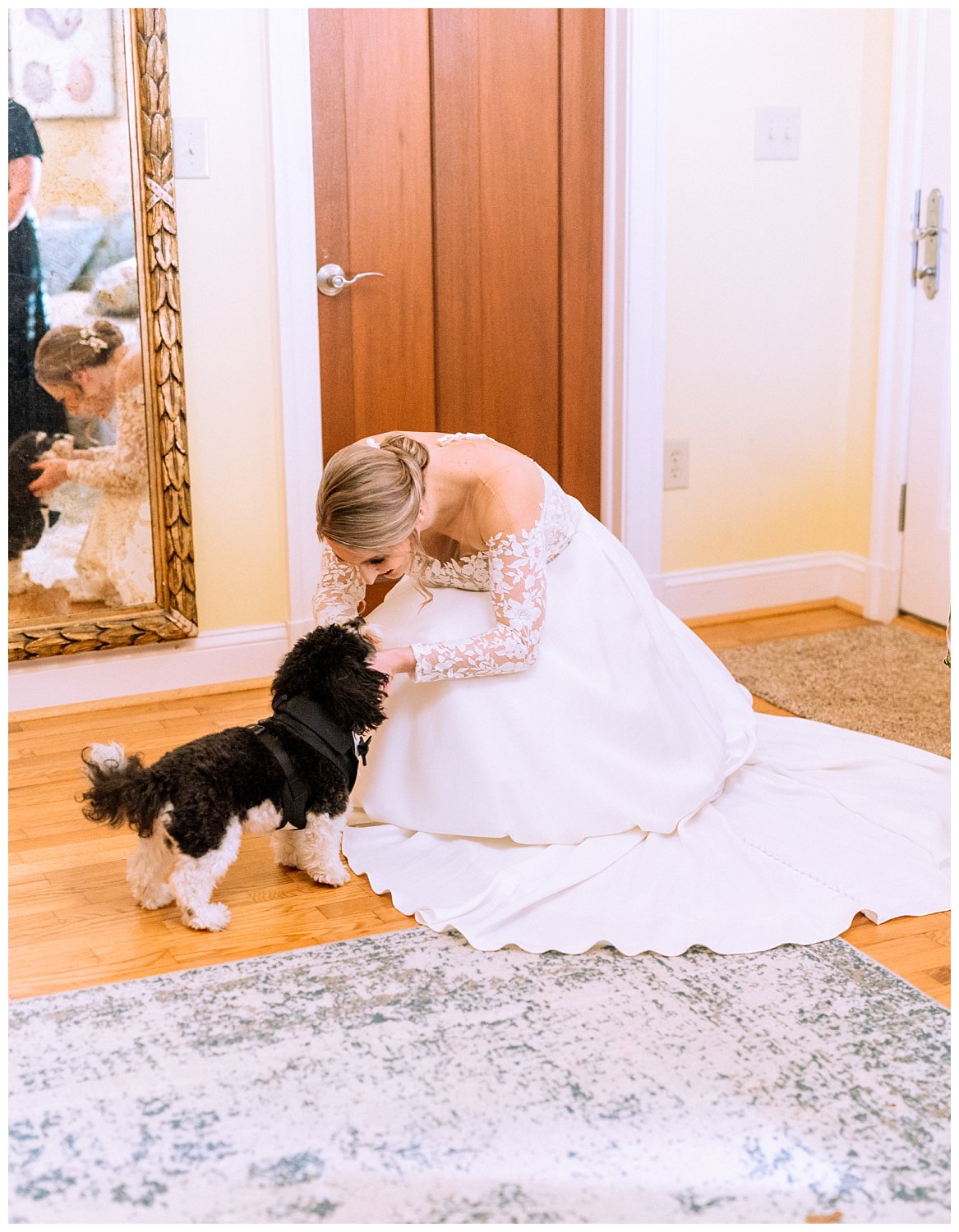 Bride with her dog at Early Mountain Vineyard in Charlottesville, Virginia