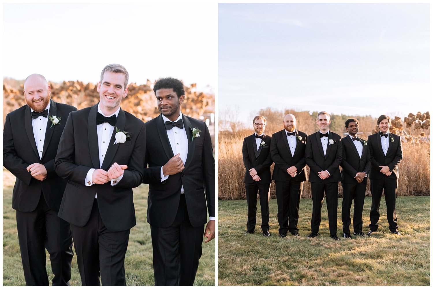 Groom with groomsmen in black tuxes at Early Mountain Vineyard in Charlottesville, Virginia