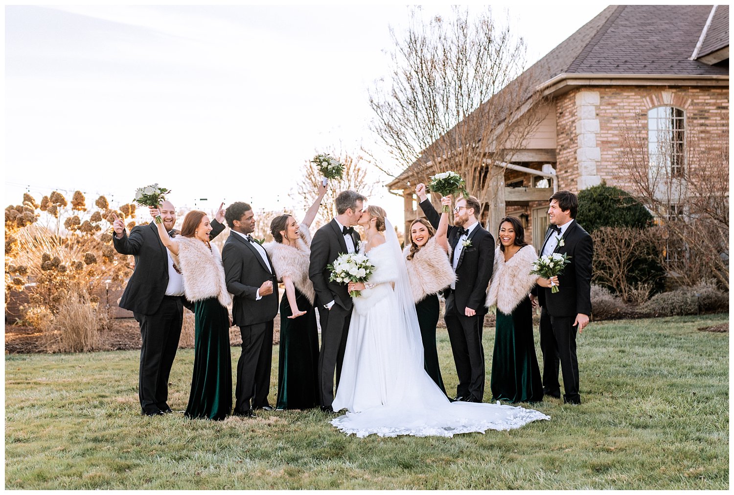 Bride and groom with wedding party at Early Mountain Vineyard in Charlottesville, Virginia