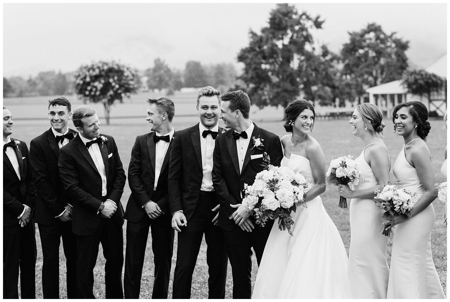 Bride and groom with wedding party with groomsmen in black tuxes and bridesmaids in champagne dresses