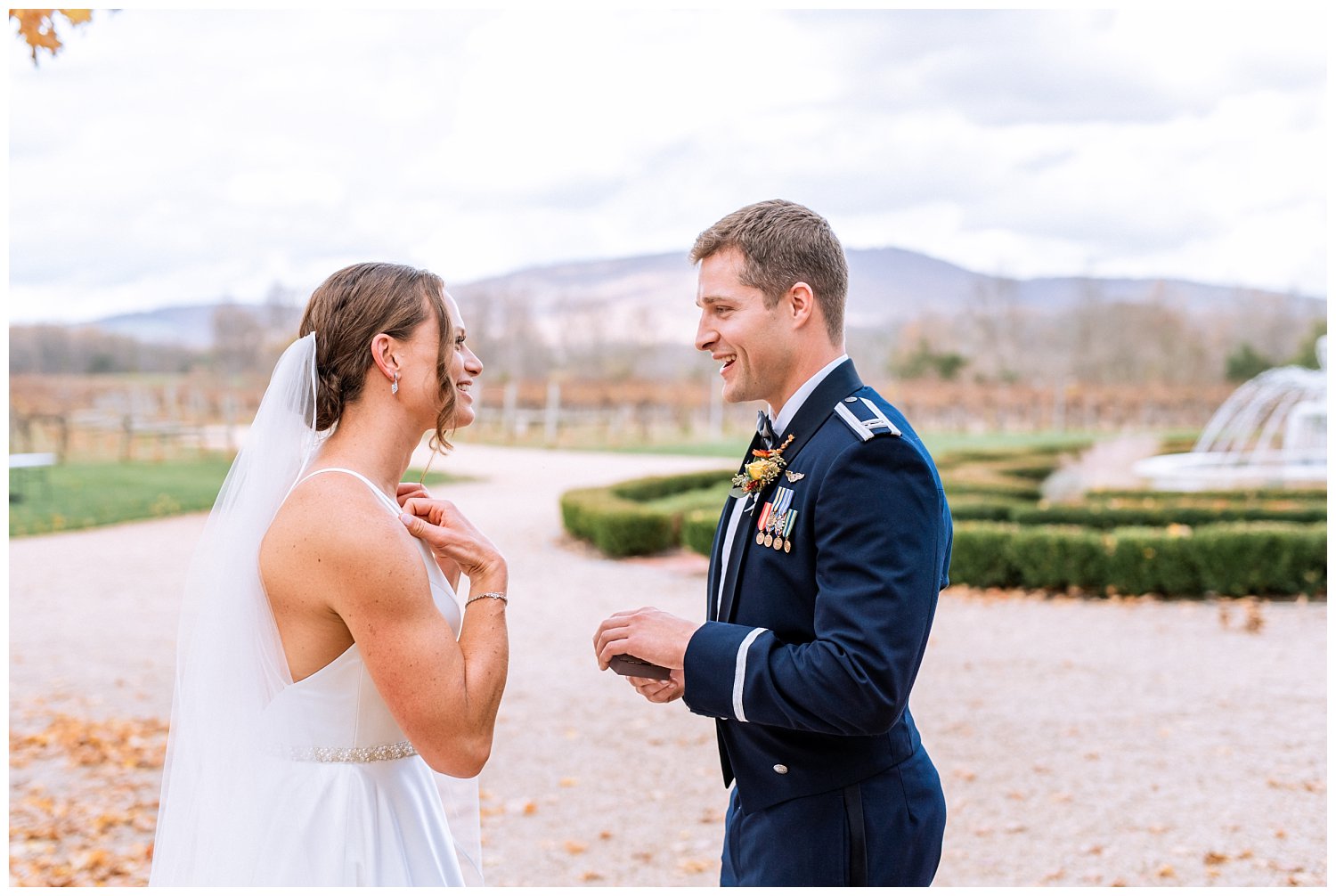 First Look at fall Keswick Vineyard Wedding photographed by Heather Dodge Photography