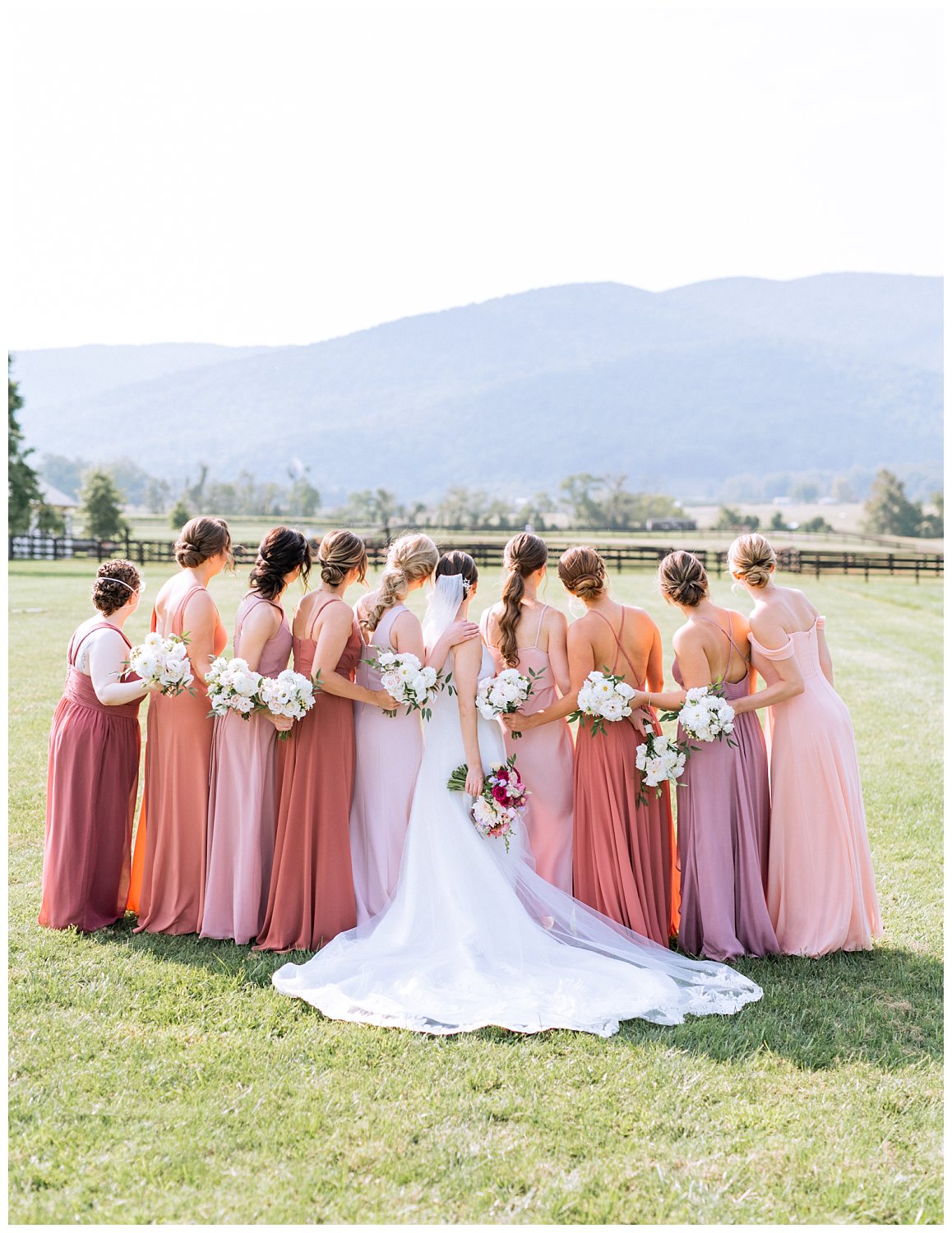 Portraits of the bride with her bridesmaids at her King Family Vineyard wedding