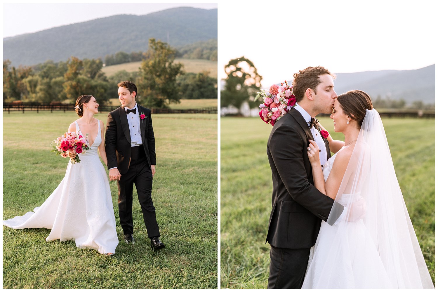 Bride & groom portraits on their fall wedding day at King Family Vineyard featuring a vibrant pink bridal bouquet