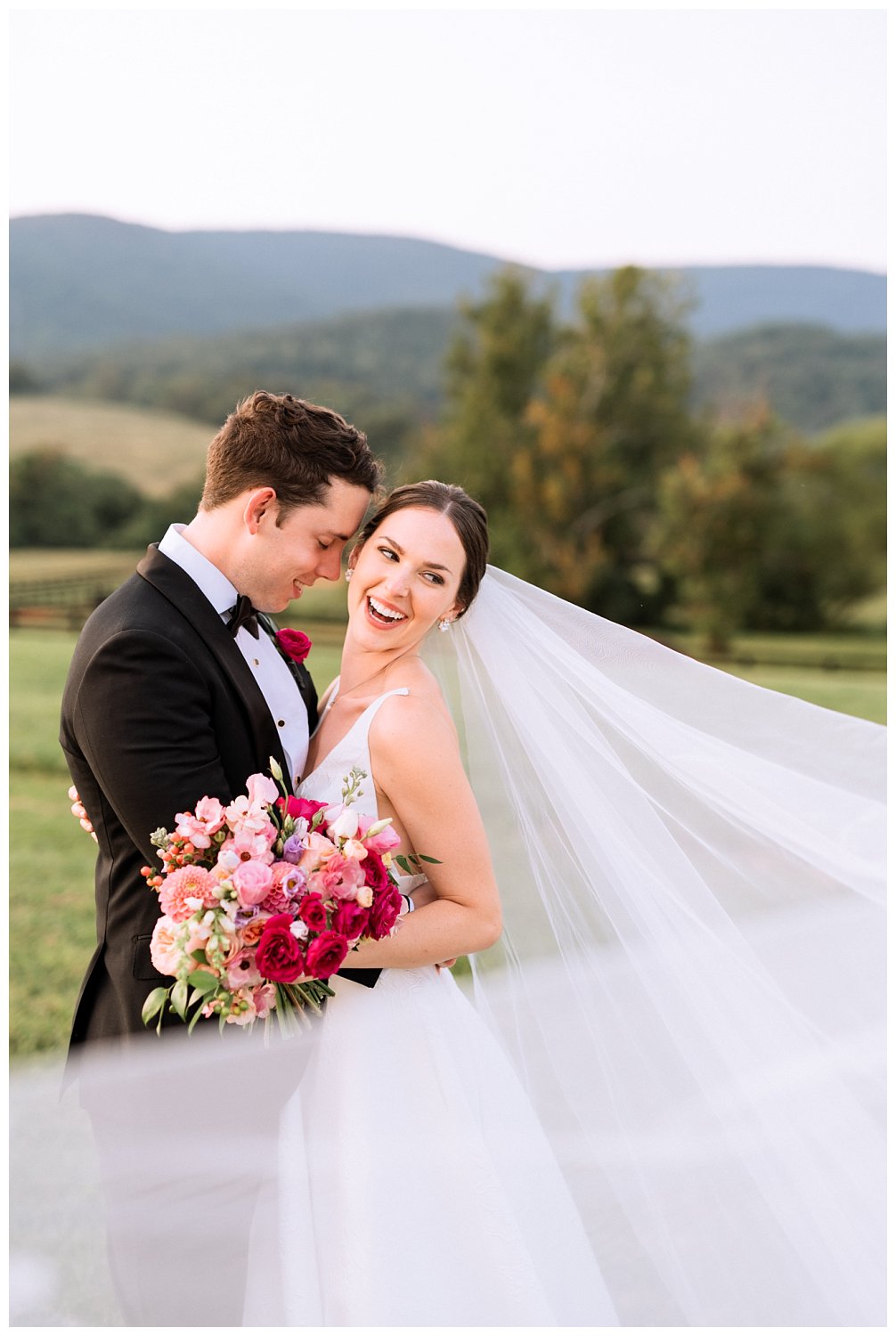 Bride & groom portraits on their fall wedding day at King Family Vineyard featuring a vibrant pink bridal bouquet