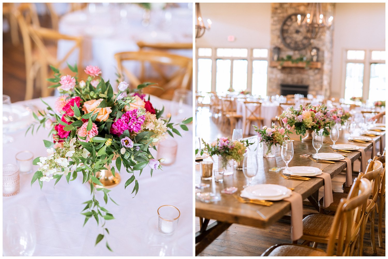 Reception decor for a vibrant pink fall wedding at King Family Vineyard