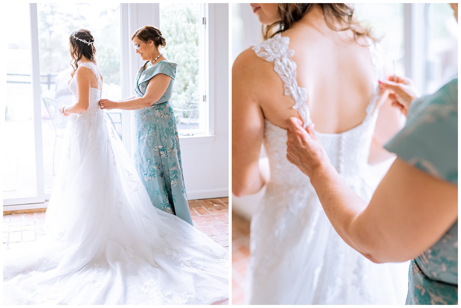 Bride putting on her dress for Lavender Spring Wedding at The Market at Grelen photographed by Heather Dodge Photography