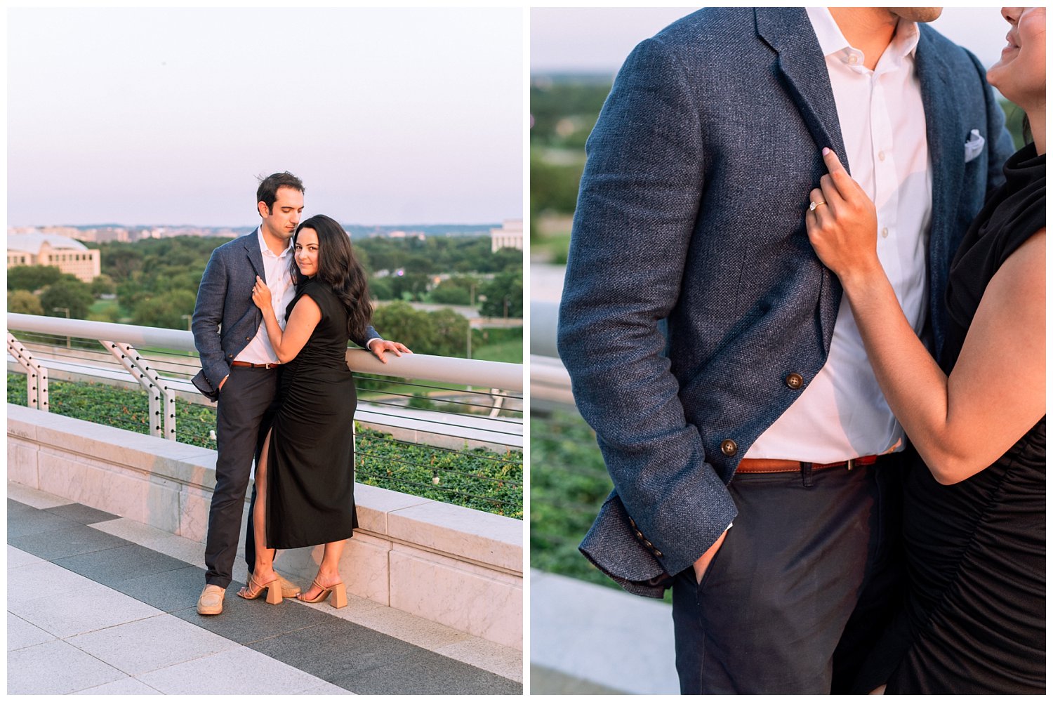 Sunset date night engagement session at the Kennedy Center in Washington, DC.