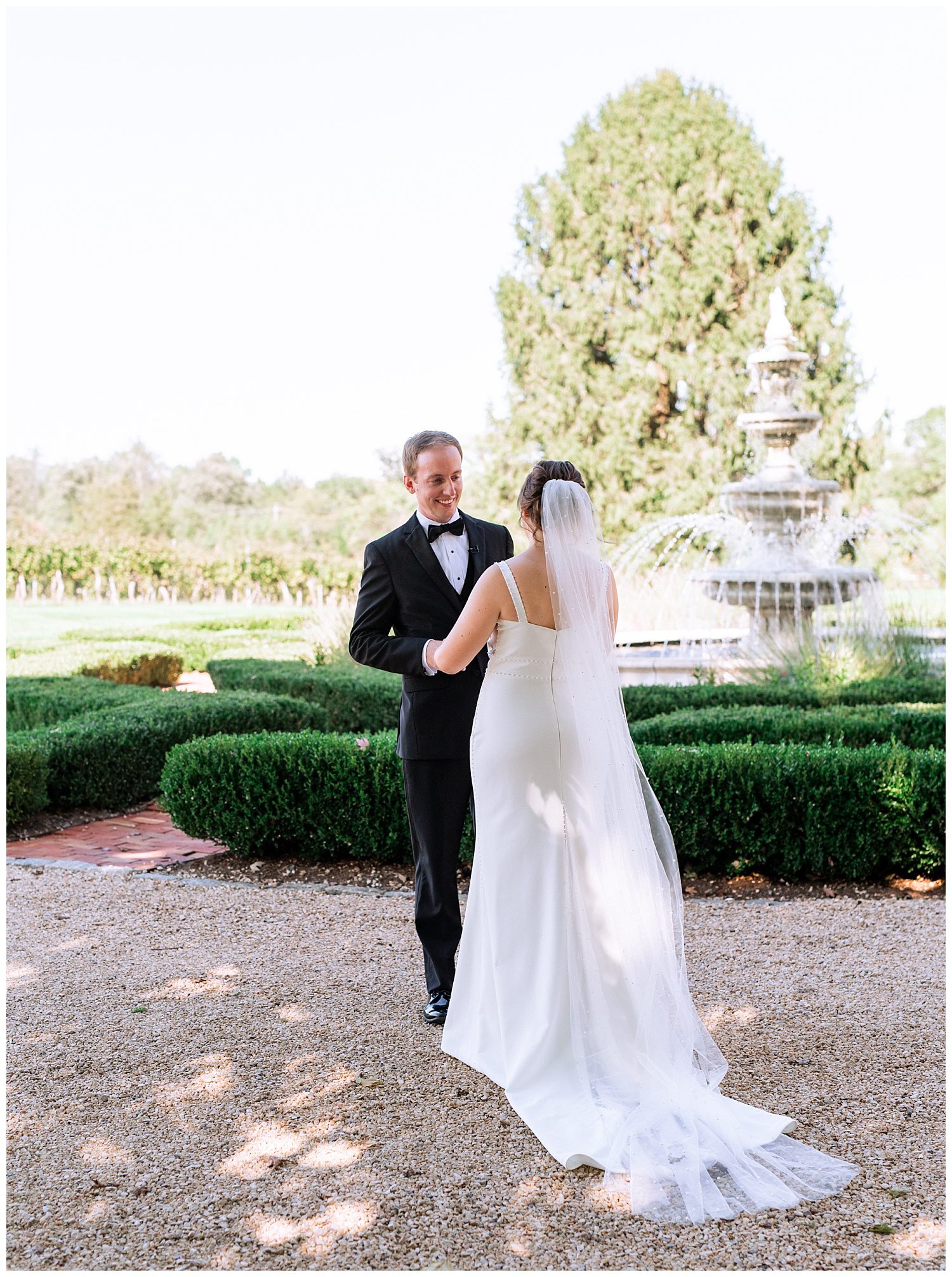 Bride and groom first look at Keswick Vineyard wedding