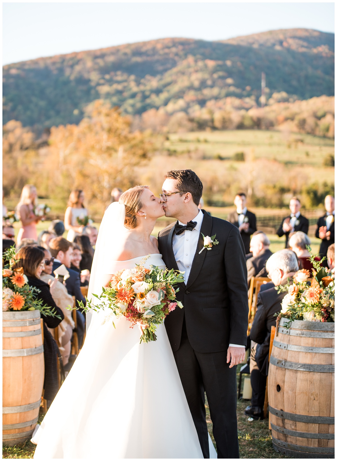 Wedding Ceremony with colorful Fall leaves and Virginia mountain backdrop
