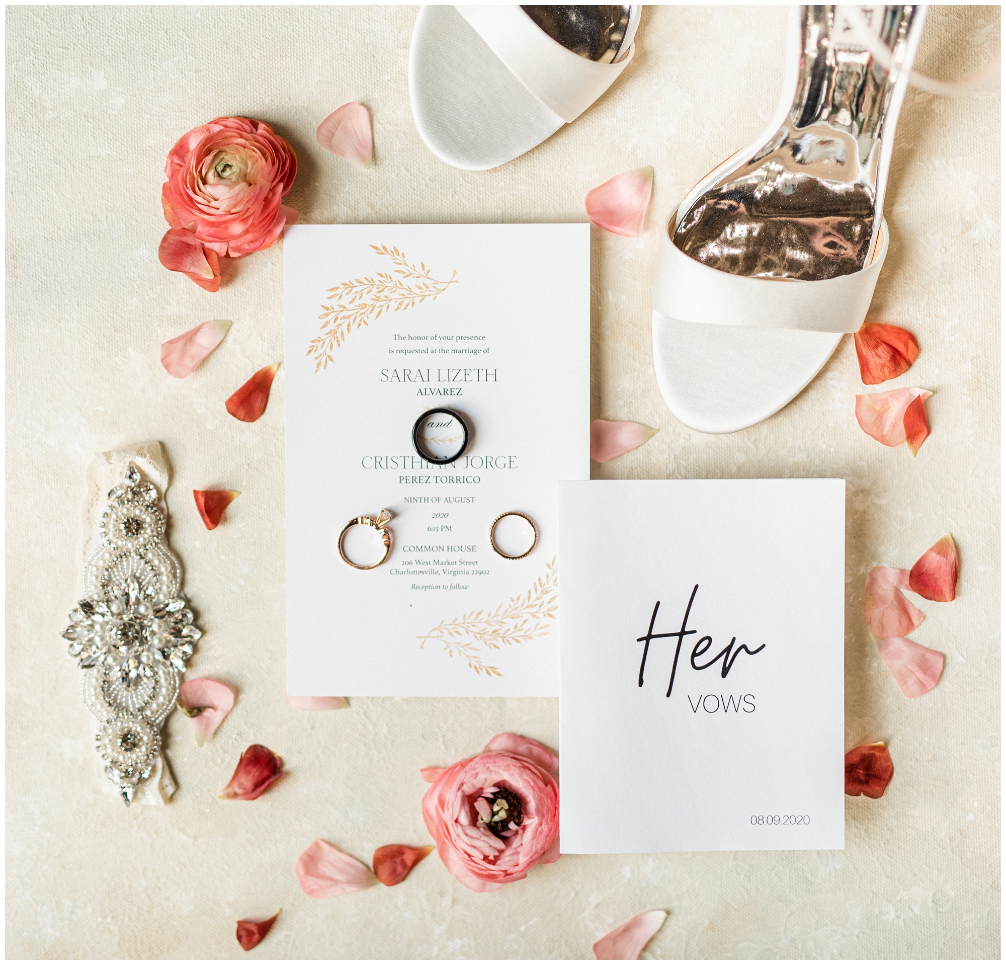 Bridal detail flatlay with pink flowers