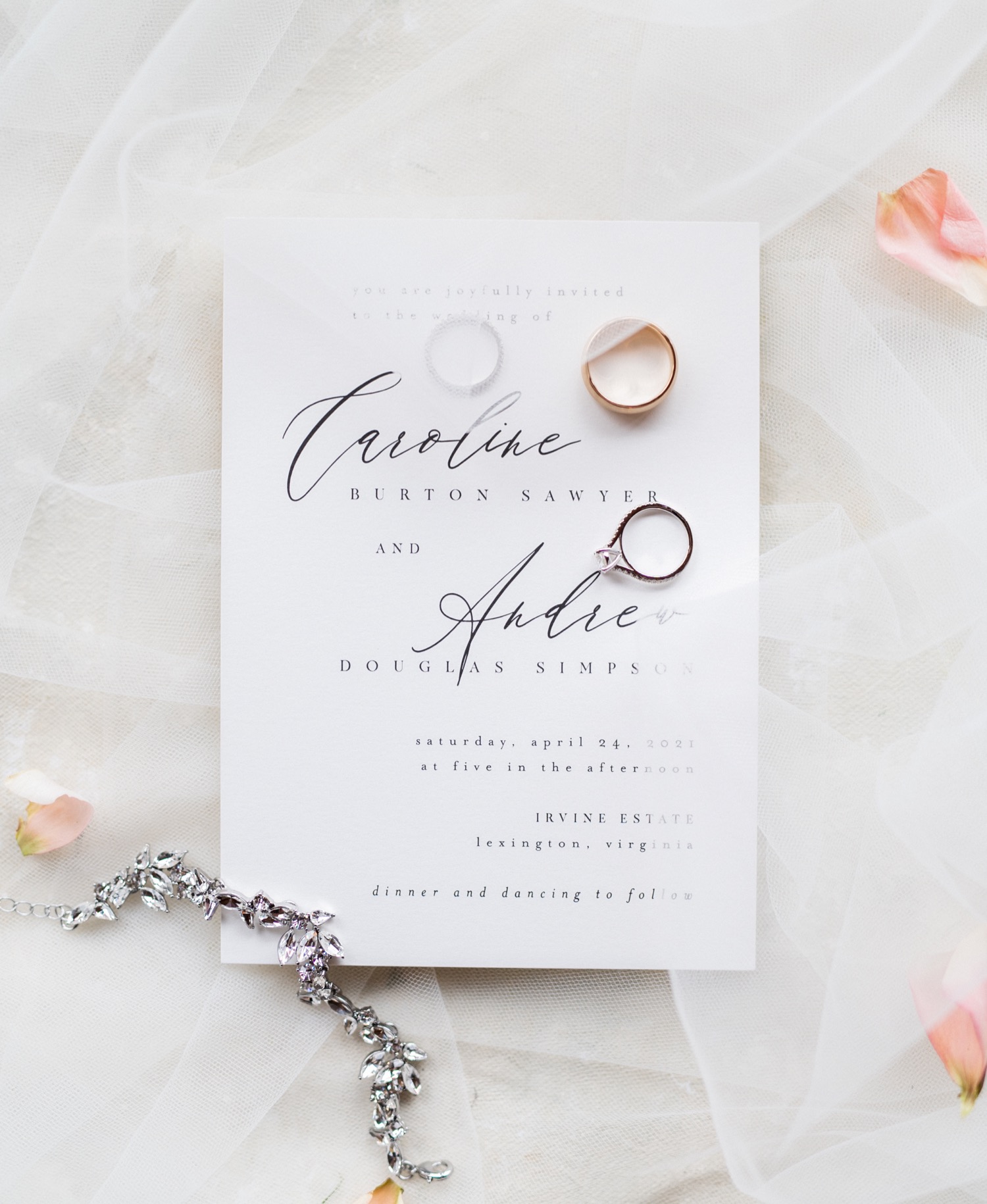 Ring and invitation detail shot at Lexington Virginia wedding