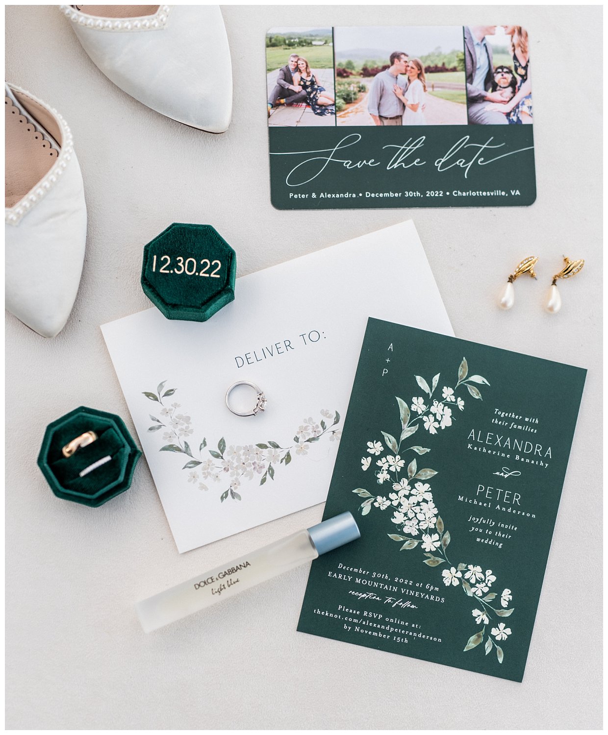 Wedding details and invitation suite at Early Mountain Vineyard in Charlottesville, Virginia