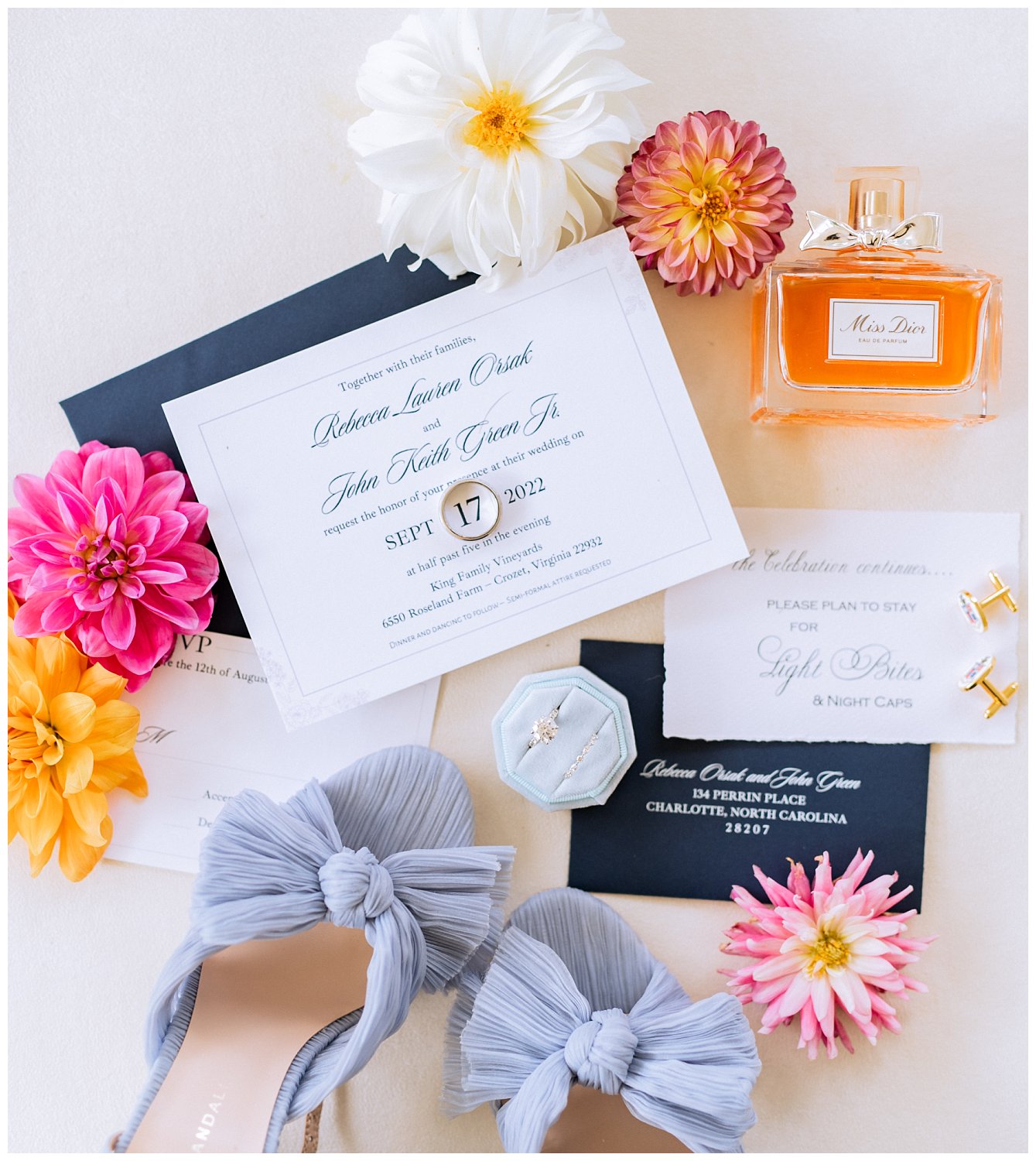 Vibrant and colorful wedding invitations and bridal details