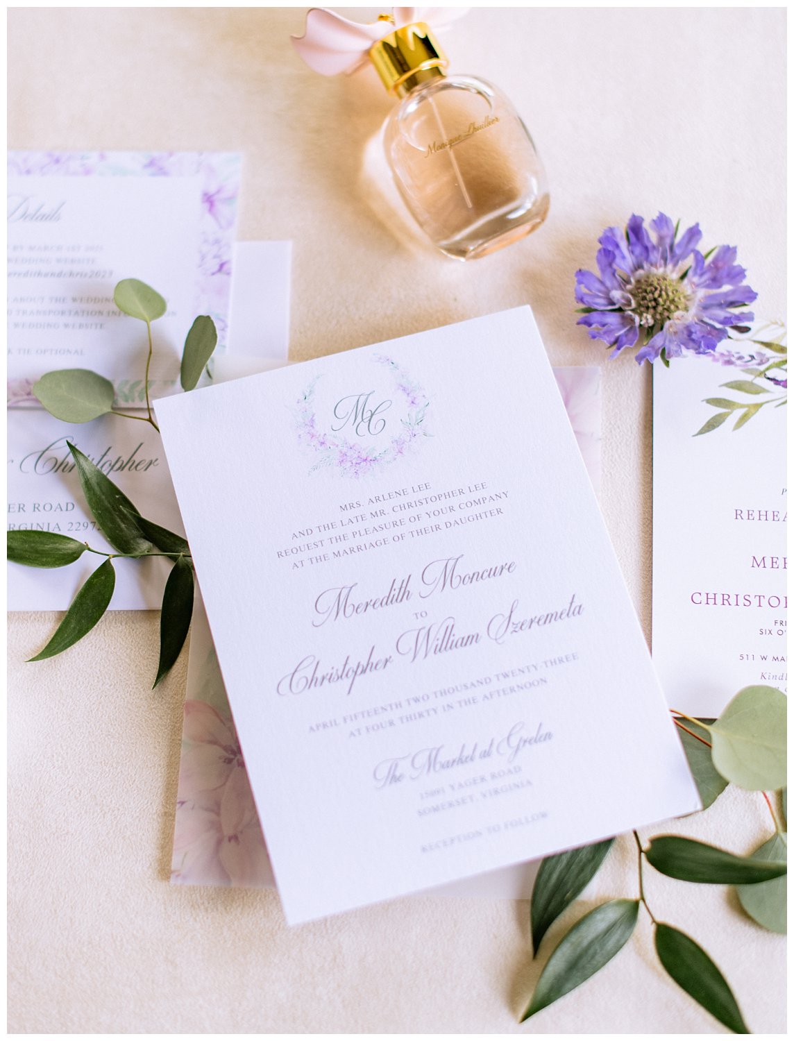 Invitation details for Spring Wedding at The Market at Grelen photographed by Heather Dodge Photography