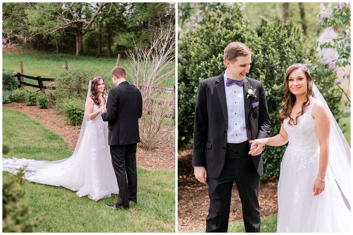 Bride and Groom's first look at their Spring Wedding at The Market at Grelen photographed by Heather Dodge Photography